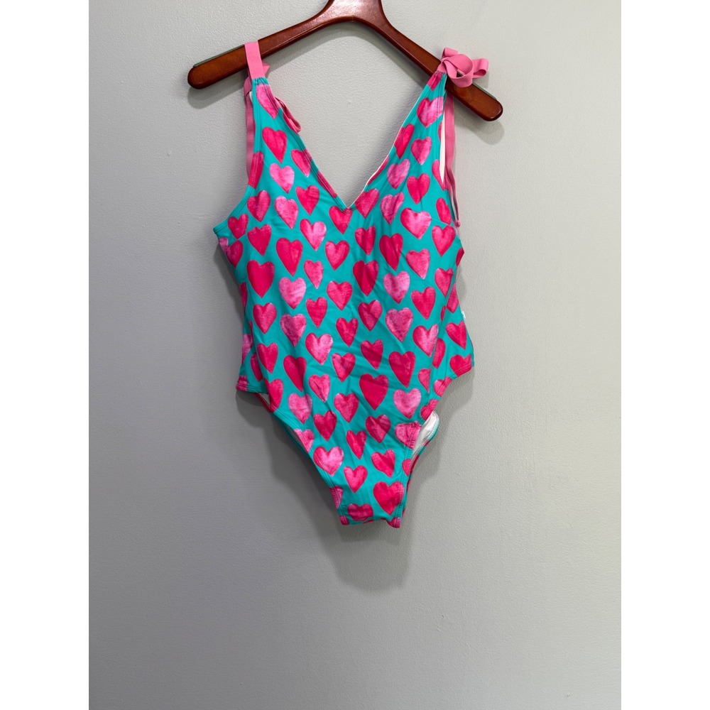 Posh Peanut‎ Hearts One Piece Swimsuit Turquoise Aqua Pink 2XL 16/18
